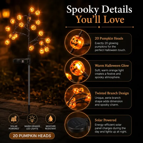 Solar Pumpkin Stake Lights - 20-Head Halloween Outdoor Garden Decor