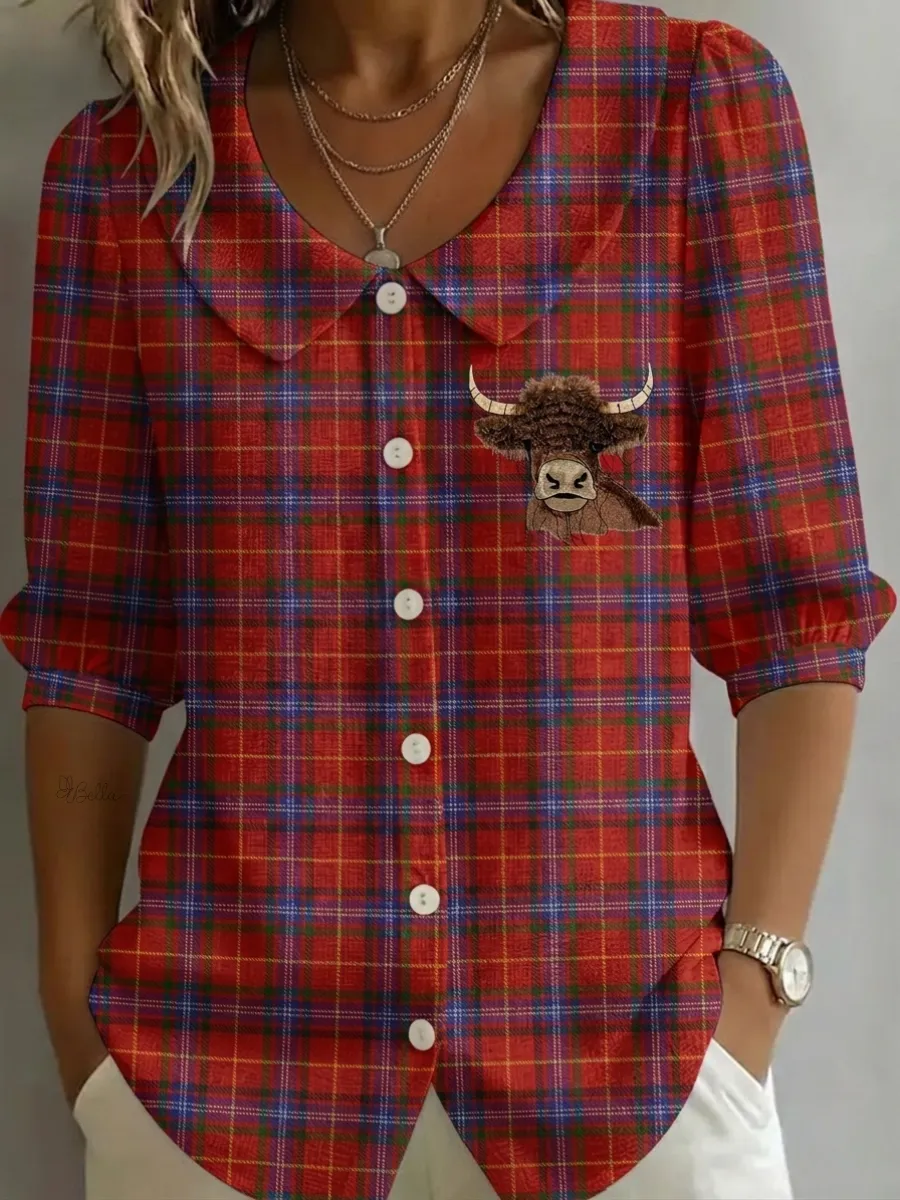 Women's Vintage Scottish Highland Cow Printed Cotton Linen Shirt