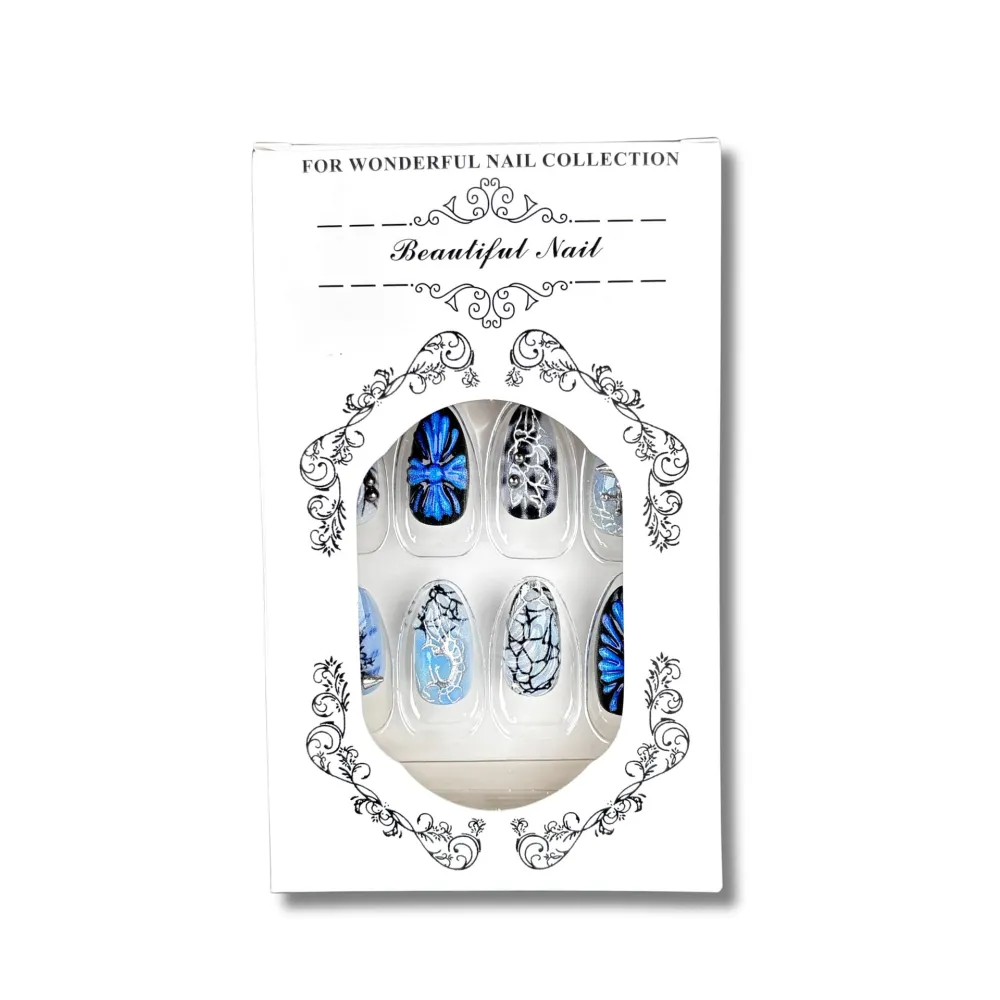 Nailhour 30Pcs Chrome Hearts Glacier Blue Medium Almond French Press On Nails