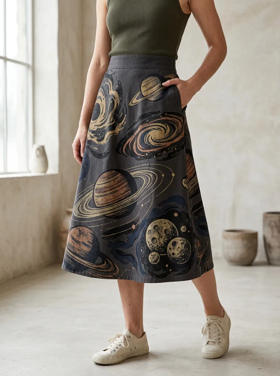 Women's Celestial Print A-Line Midi Skirt