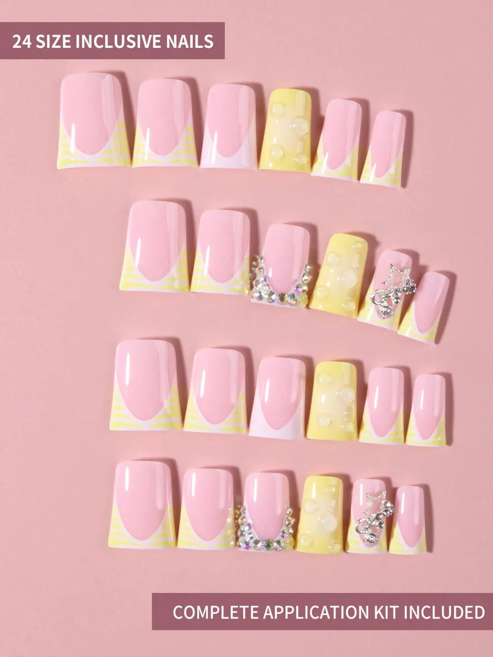 Nailhour 24Pcs Y2K Style Short Duck French Pink Yellow Press On Nails