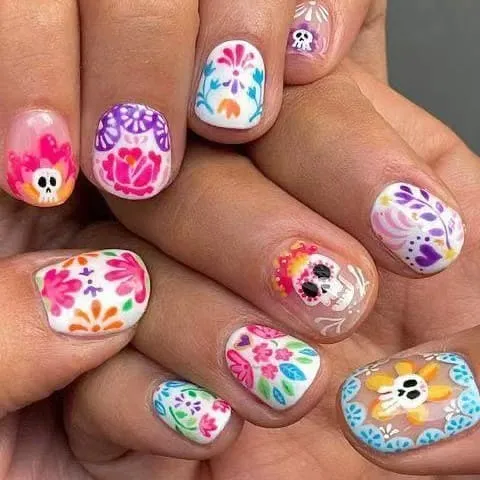 Nailhour 24Pcs Skeleton Halloween Multicolor Floral Short Oval Press On Nails