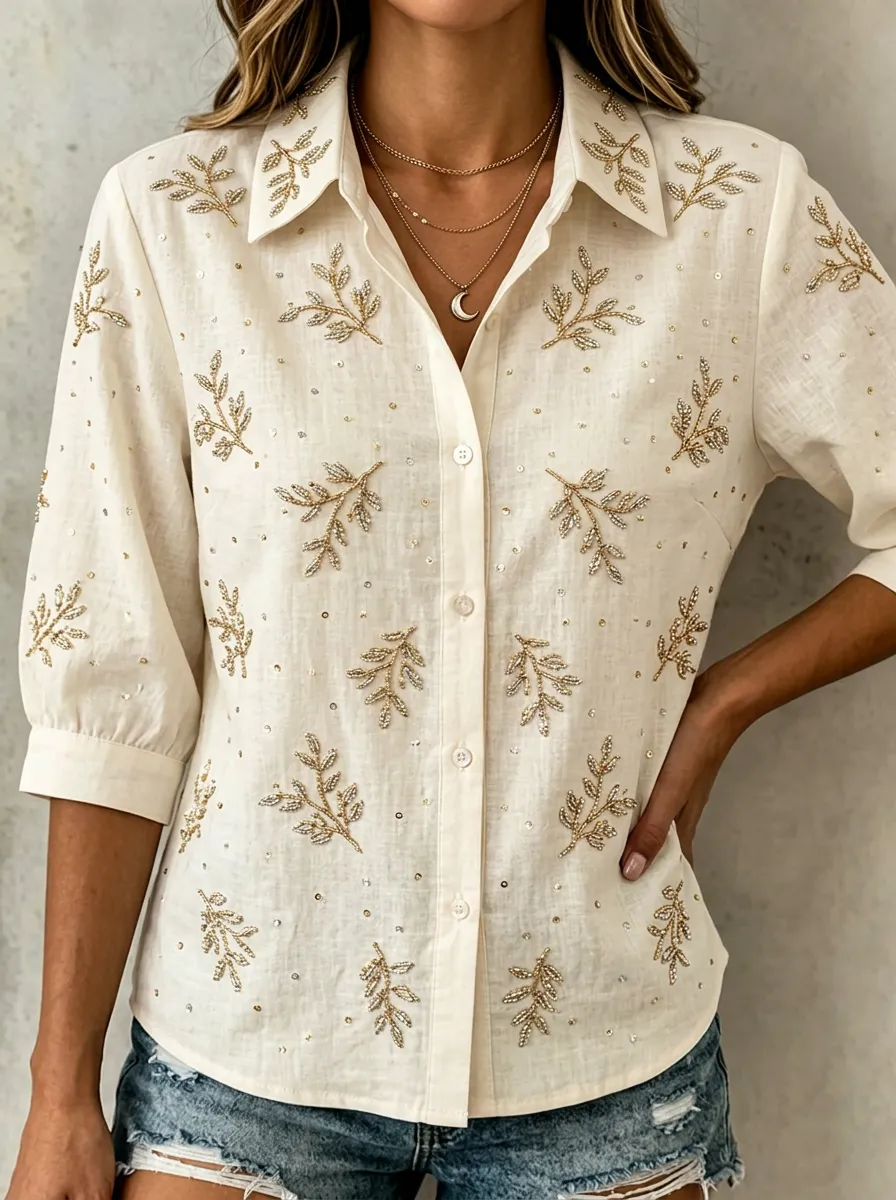 Women's Breast Cancer Awareness Gold Leaf Sequin Embroidered Button-Down Shirt