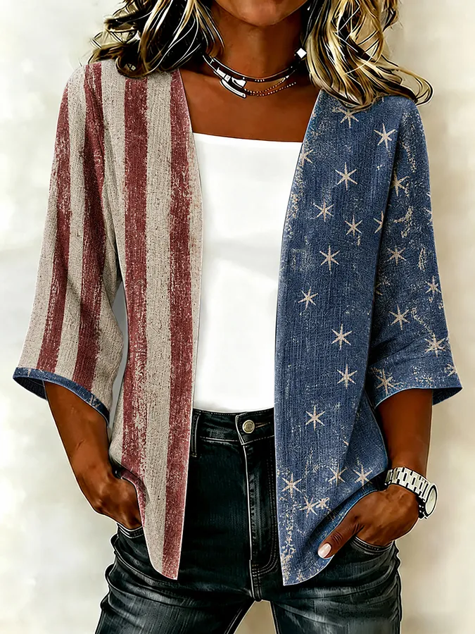 Women'S Casual American Flag Art Printed Cardigan