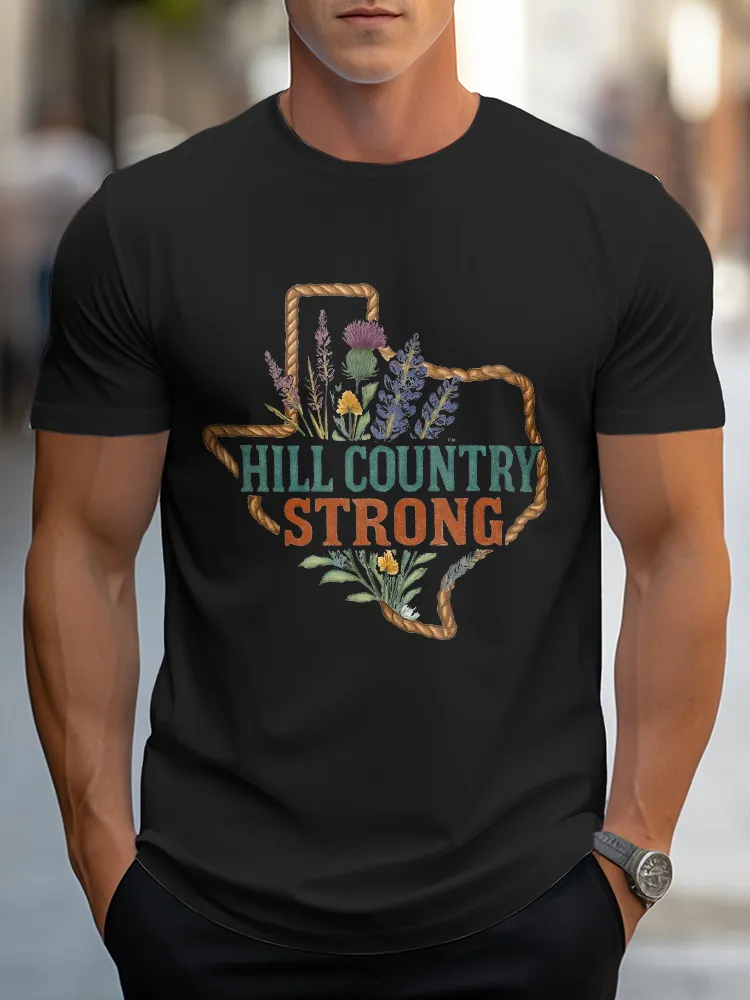 Men'S Casual Style HILL COUNTRY STRONG Round Neck Slim Fit T-Shirt