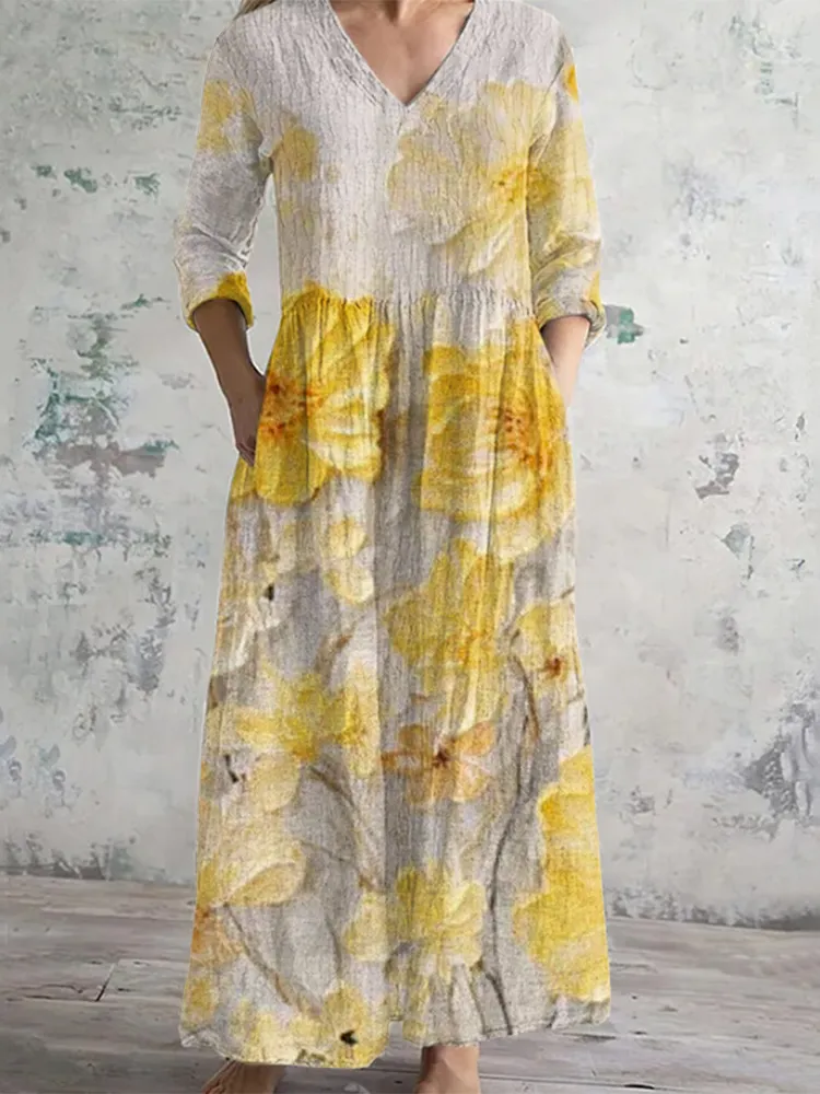 Sunny Yellow Floral Linen V-Neck Maxi Dress