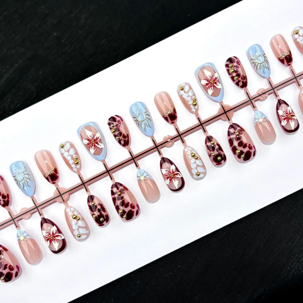 Nailhour 30Pcs Medium Almond Floral 3D Gilded French Press On Nails