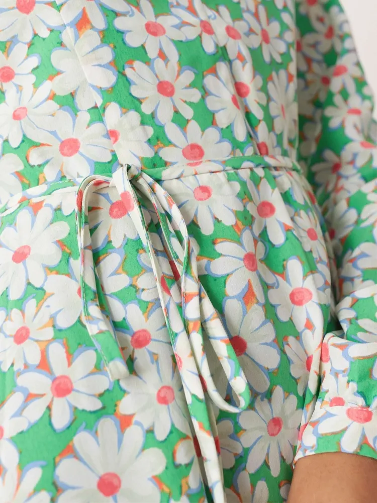Tied Waist Daisy V-Neck Dress