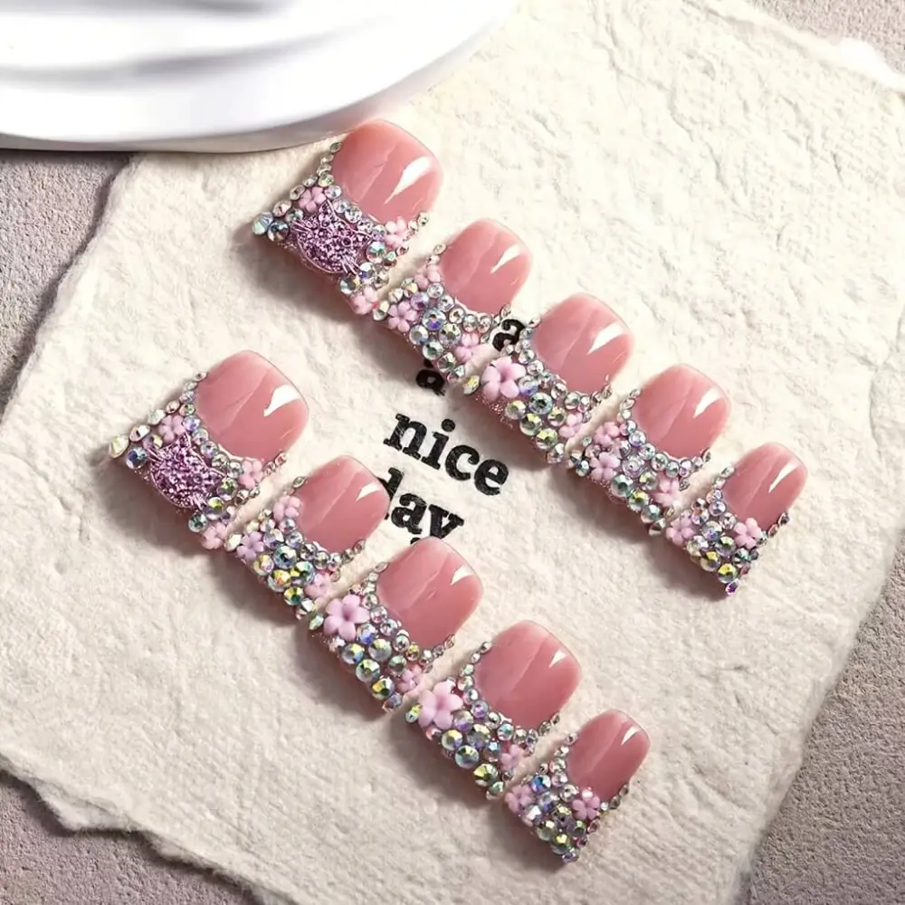 Nailhour 10Pcs French Short Duck 3D Handmade Barbie Glitz Press On Nails