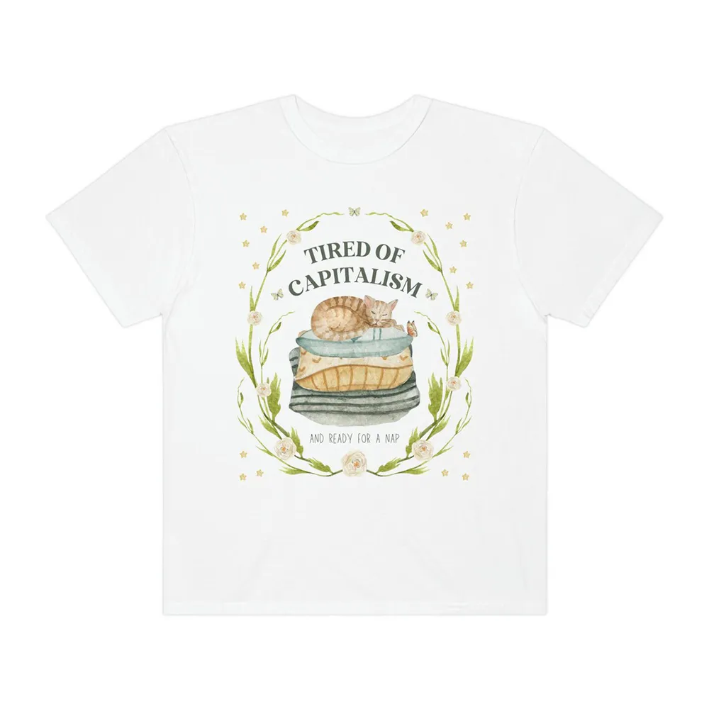 Cat Print T-Shirt Surrounded By Flowers