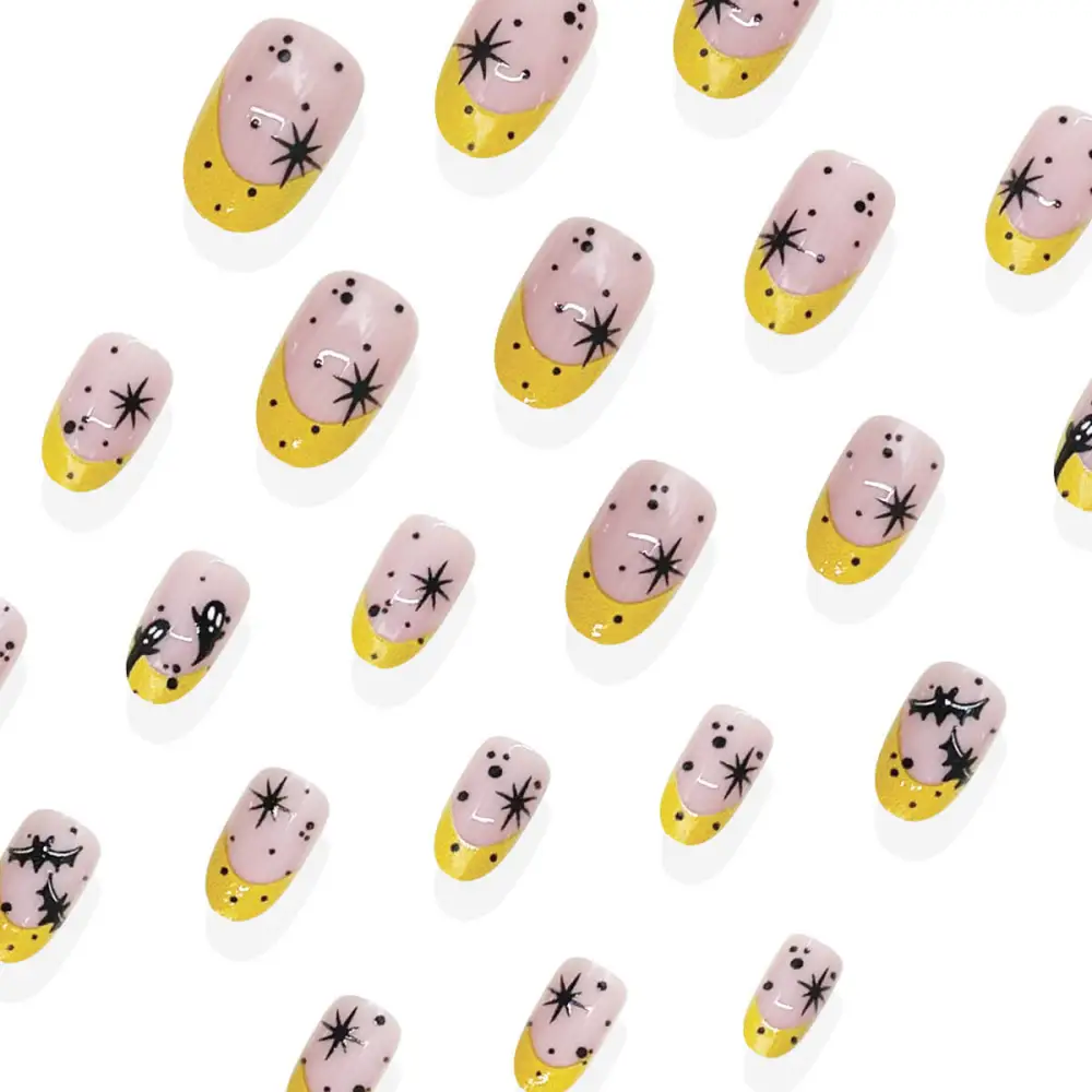 Nailhour 24Pcs Yellow French Halloween Short Oval Ghost Press On Nails
