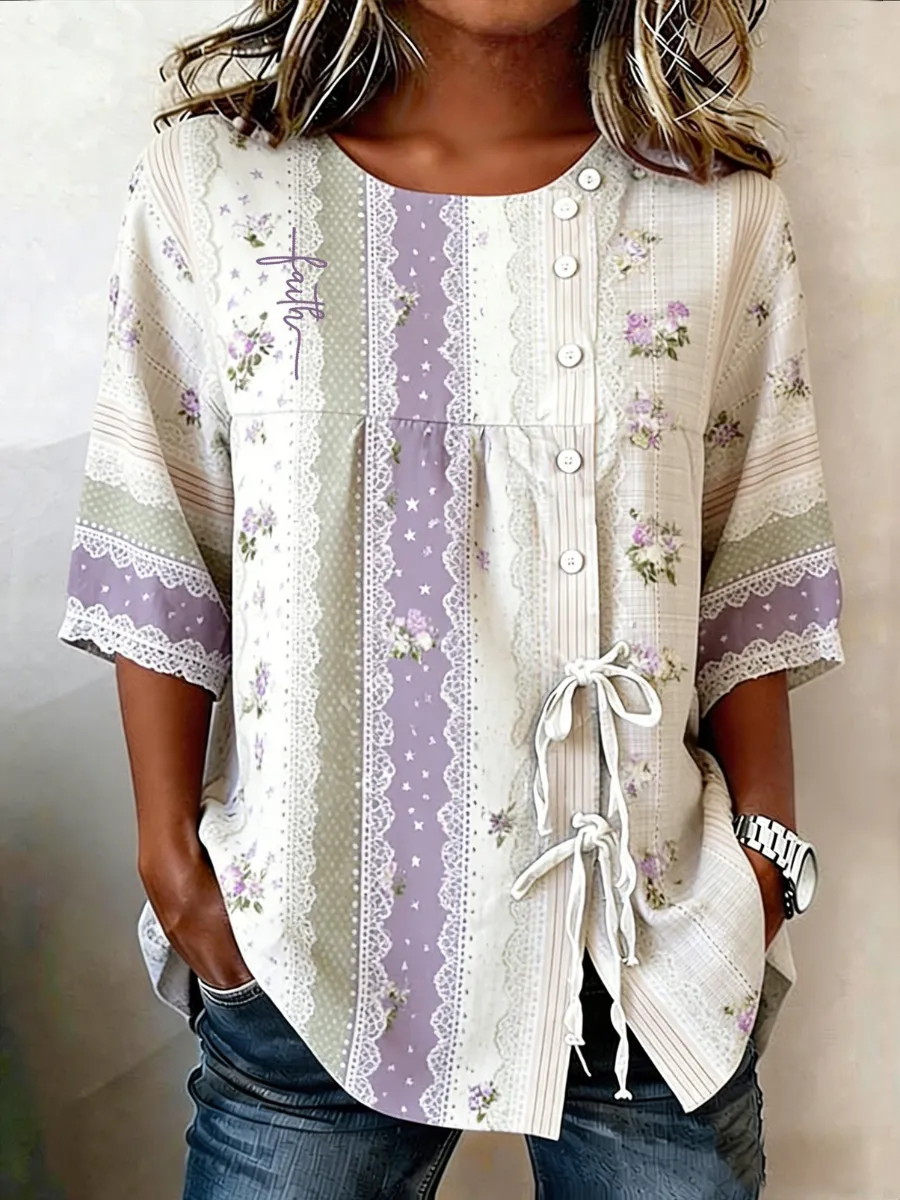 Women's Casual Purple Art Faith Cotton and Linen Shirt
