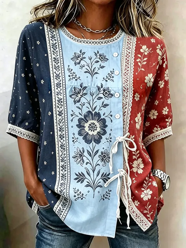 Women's Cotton Linen Floral Floral 250th Anniversary Digital Print Top