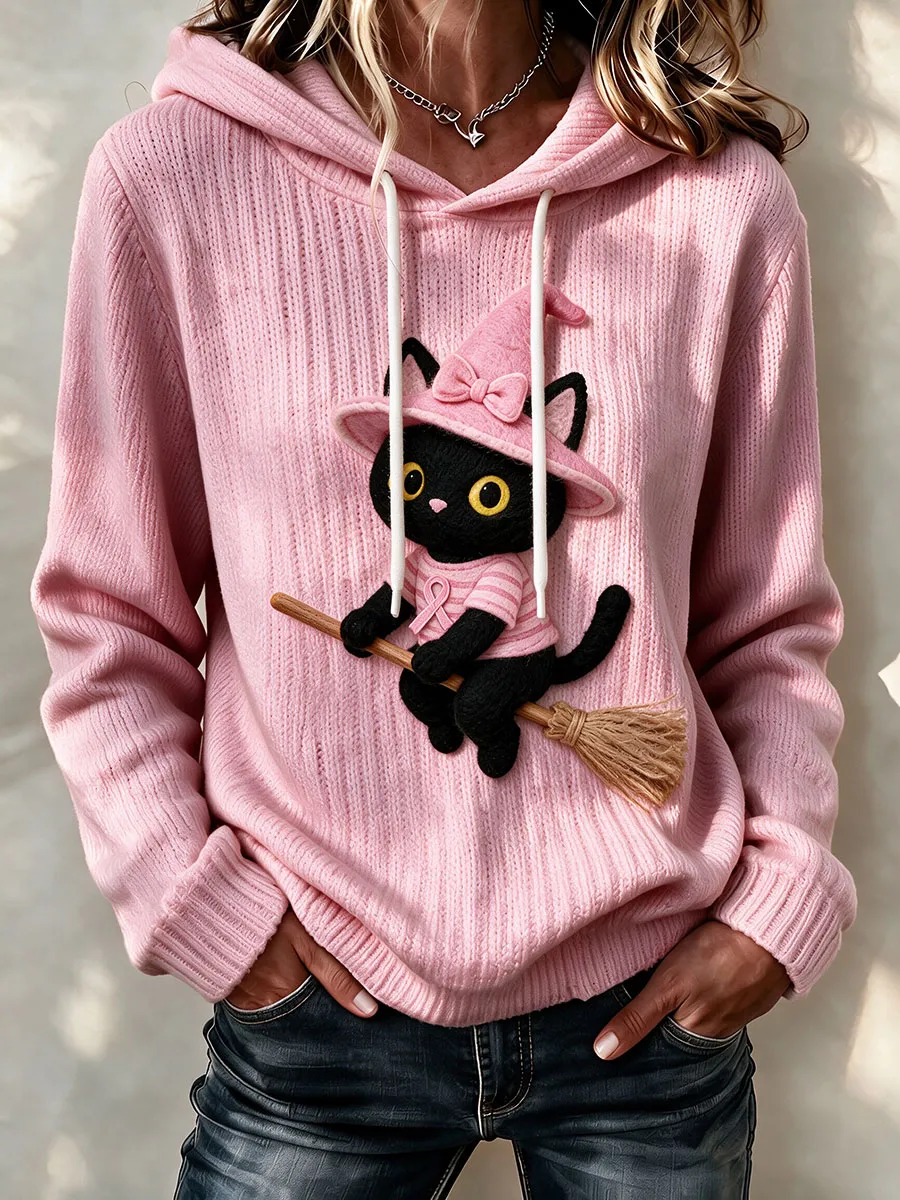 Women's Pink witch hat black cat hooded knitted sweatshirt