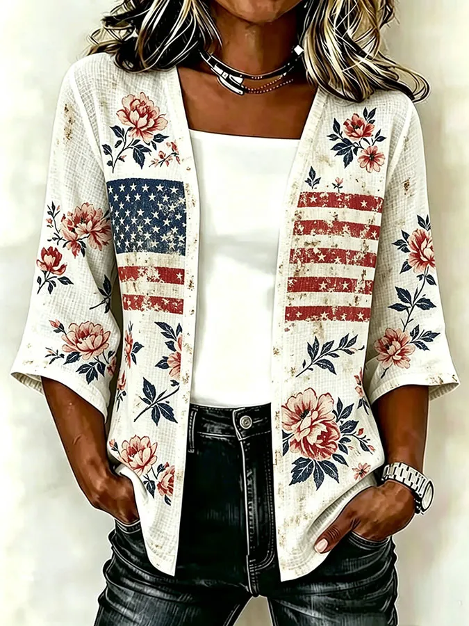 Women'S Casual Loose Independence Day Patriotic Cardigan