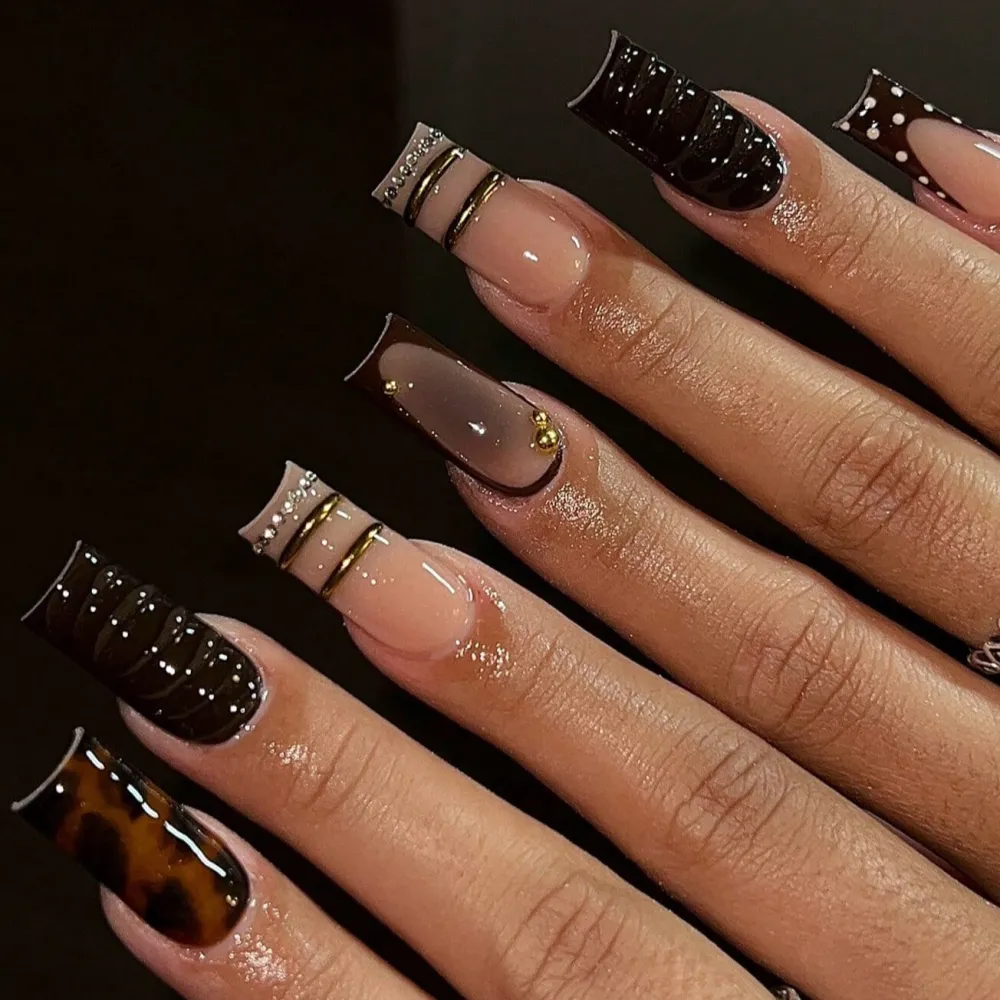 Nailhour 24Pcs French Autumn 3D Resin Long Square Press On Nails