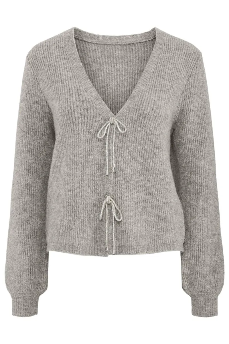 Grey Tie Front V-Neck Knit Cardigans