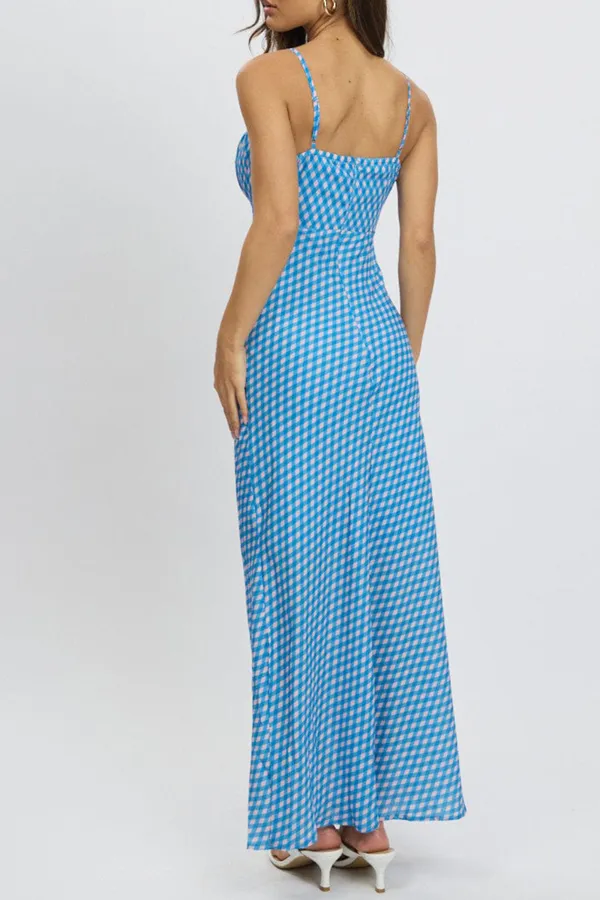 Blue Check Midi Dress Gathering Bust Sleeveless