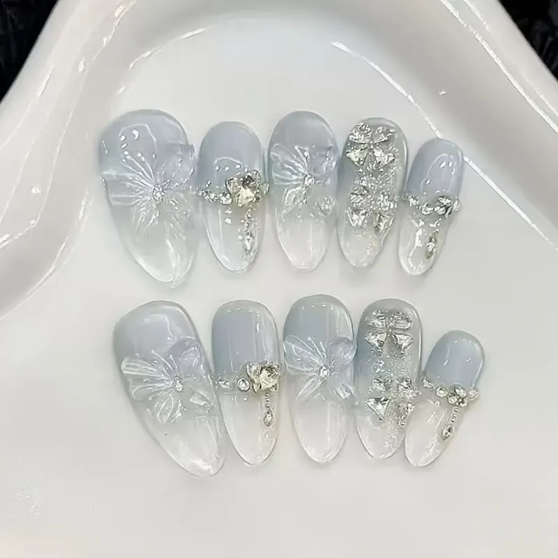 Nailhour 10Pcs French Blue Gradient  Rhinestone Medium Almond Press On Nails