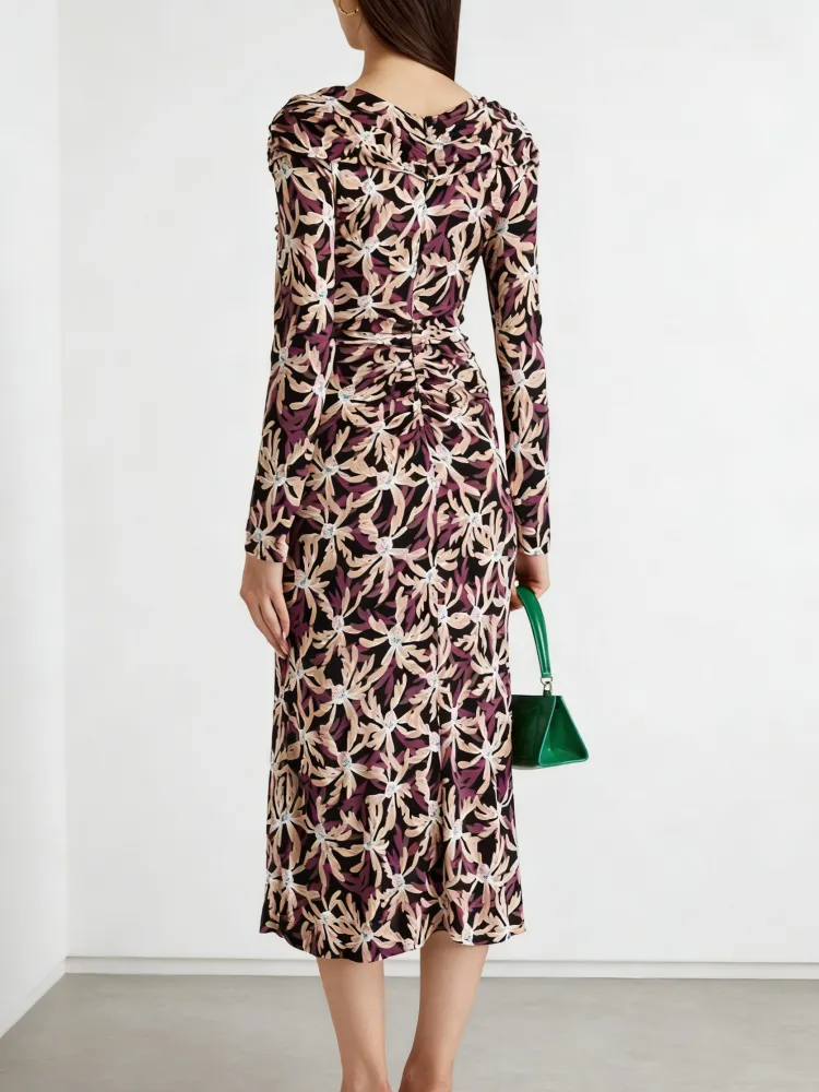 Printed V-Neck Casual Midi Dress
