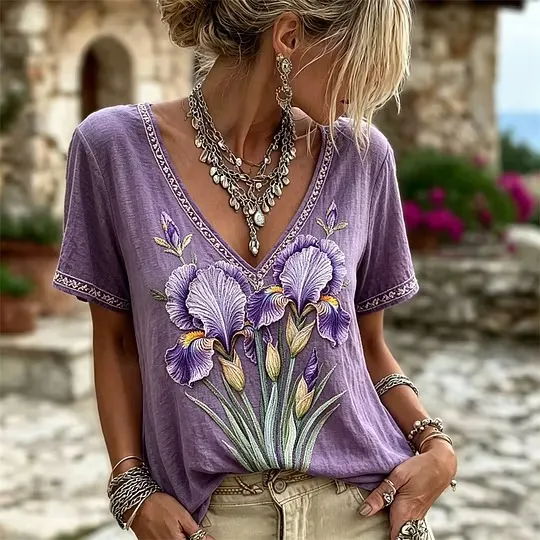 Vintage Pink Flower Gradient Cotton Linen Flower Print V-Neck Top