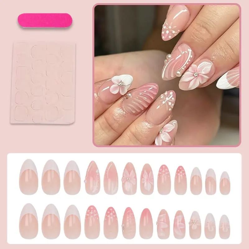 Nailhour 24Pcs Cherry Blossom 3D Medium Almond Pink Press On Nails