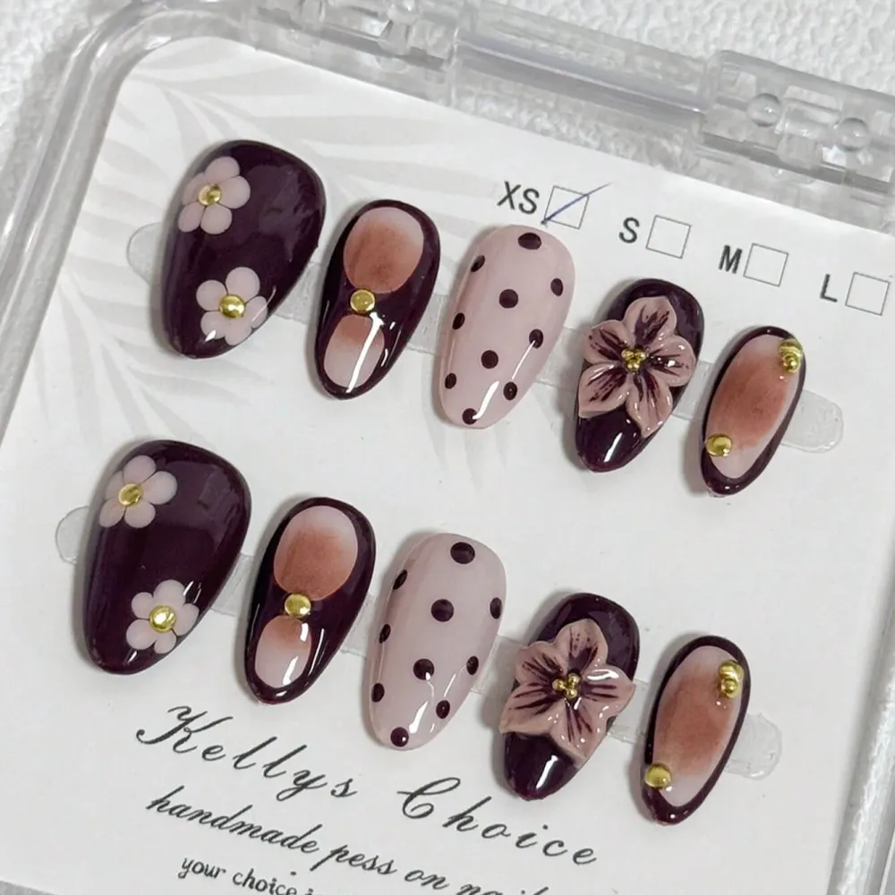 Nailhour 10Pcs Handmade 3D Medium Almond Brown Floral  Press On Nails