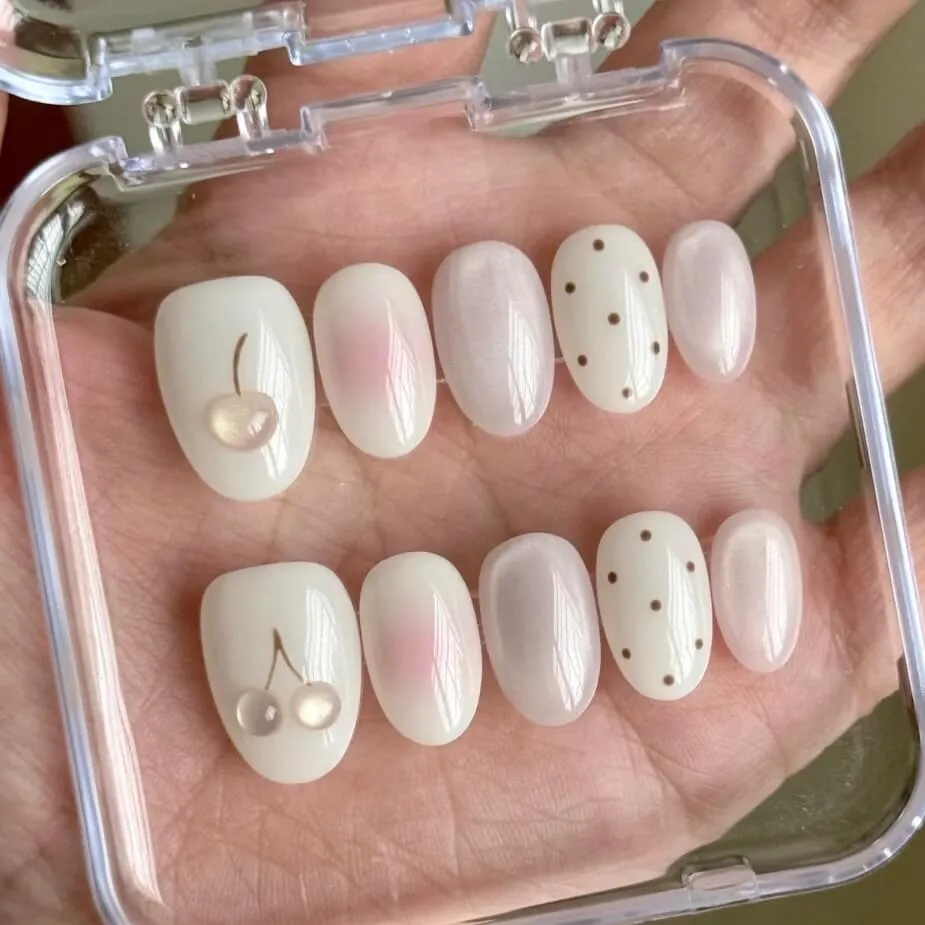 Nailhour 10Pcs Handmade Short Oval Pink Cat Eye Flower Press On Nails