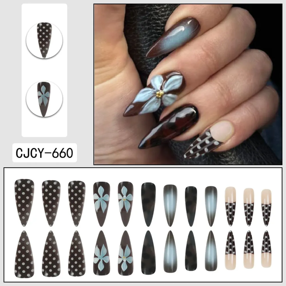 Nailhour 24Pcs 3D French Floral Vintage Medium Stiletto Press On Nails