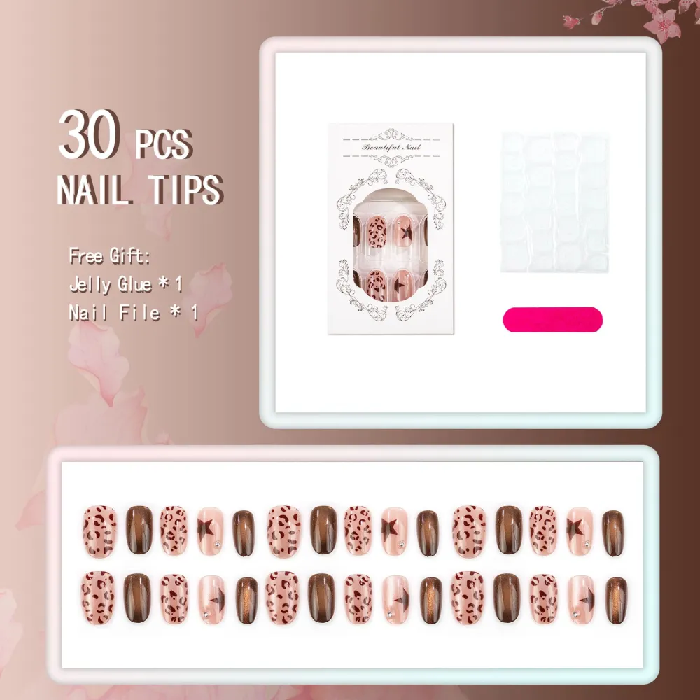 Nailhour 30Pcs French Brown Cat Eye Short Oval Press On Nails