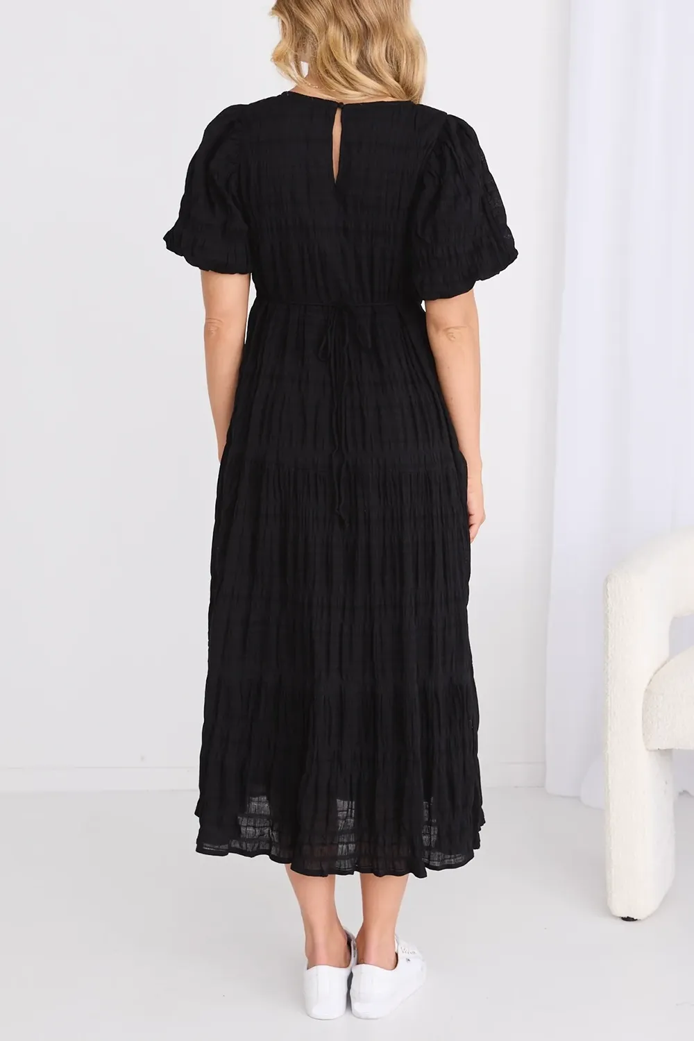 Black Shirred Cotton Bubble Sleeve Dress