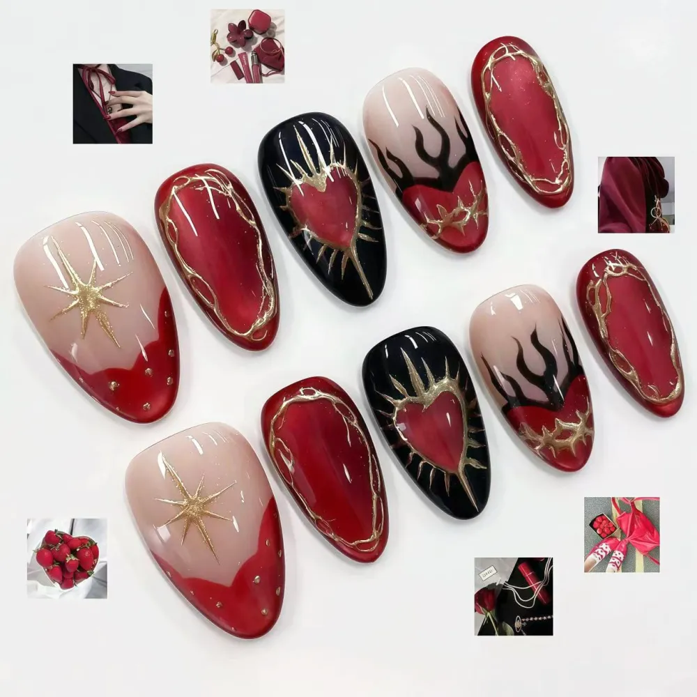 Nailhour 30Pcs Dark Heart 3D Medium Almond French Press On Nails