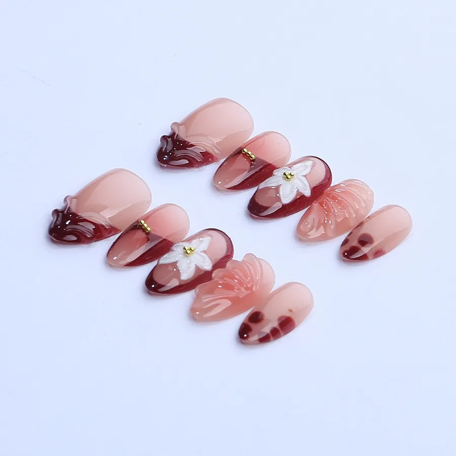 Nailhour 30Pcs Brown Floral 3D Resin Medium Almond Press On Nails