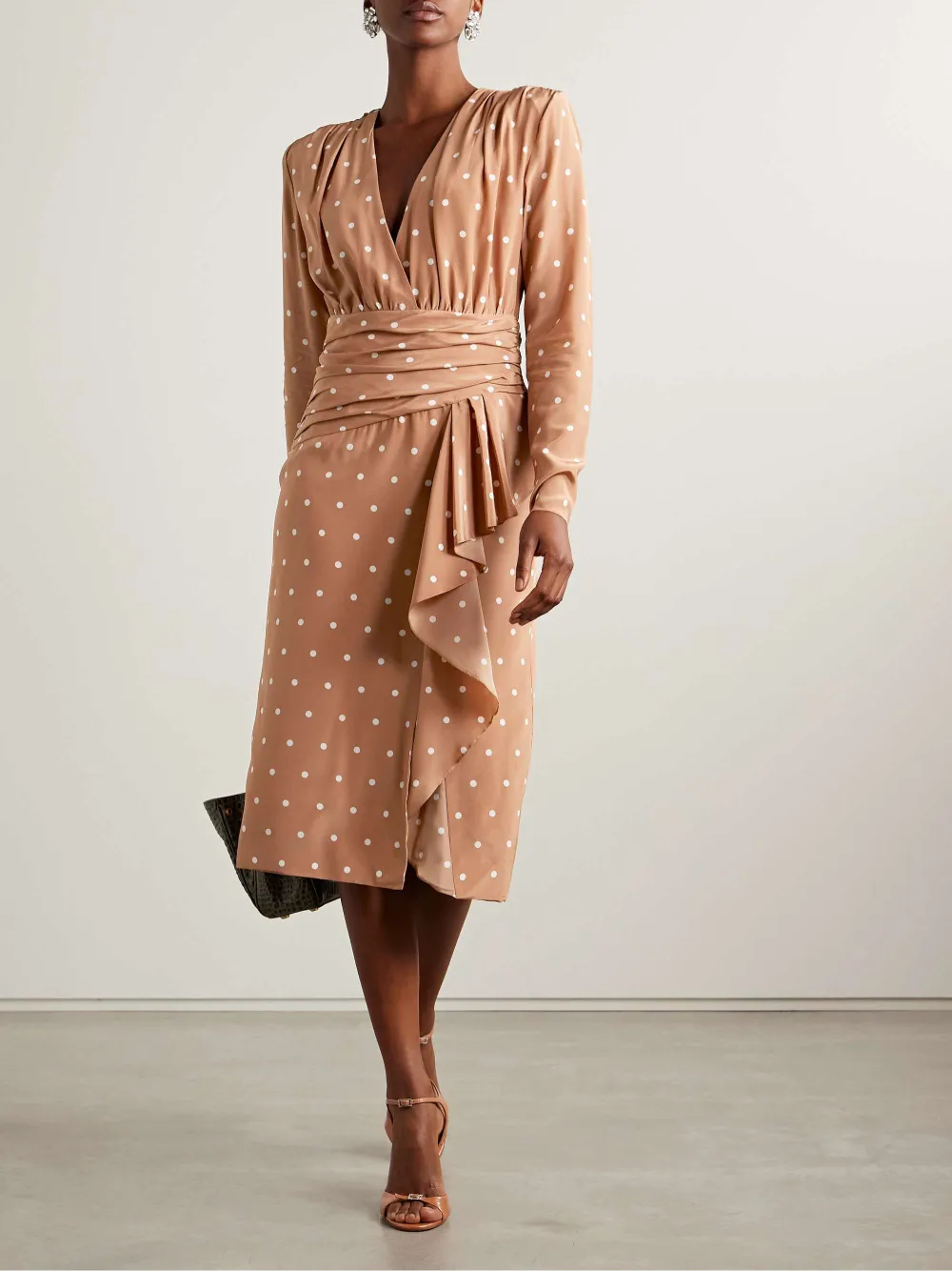 Polka-Dot Ruched Long Sleeve Dress