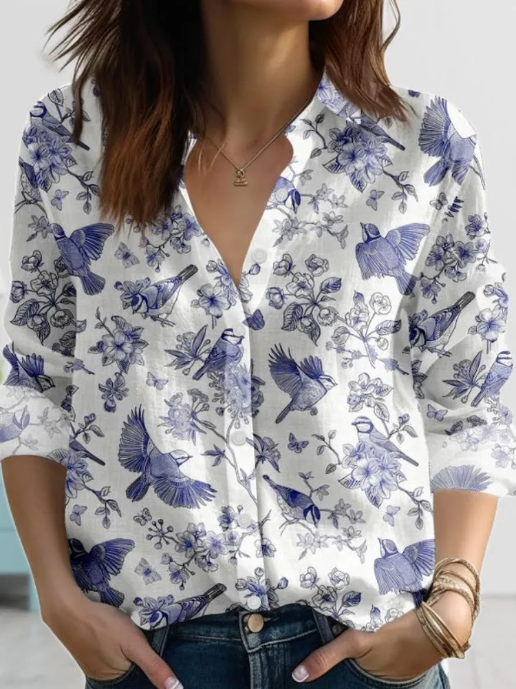Retro Bird Print Long Sleeve Shirt
