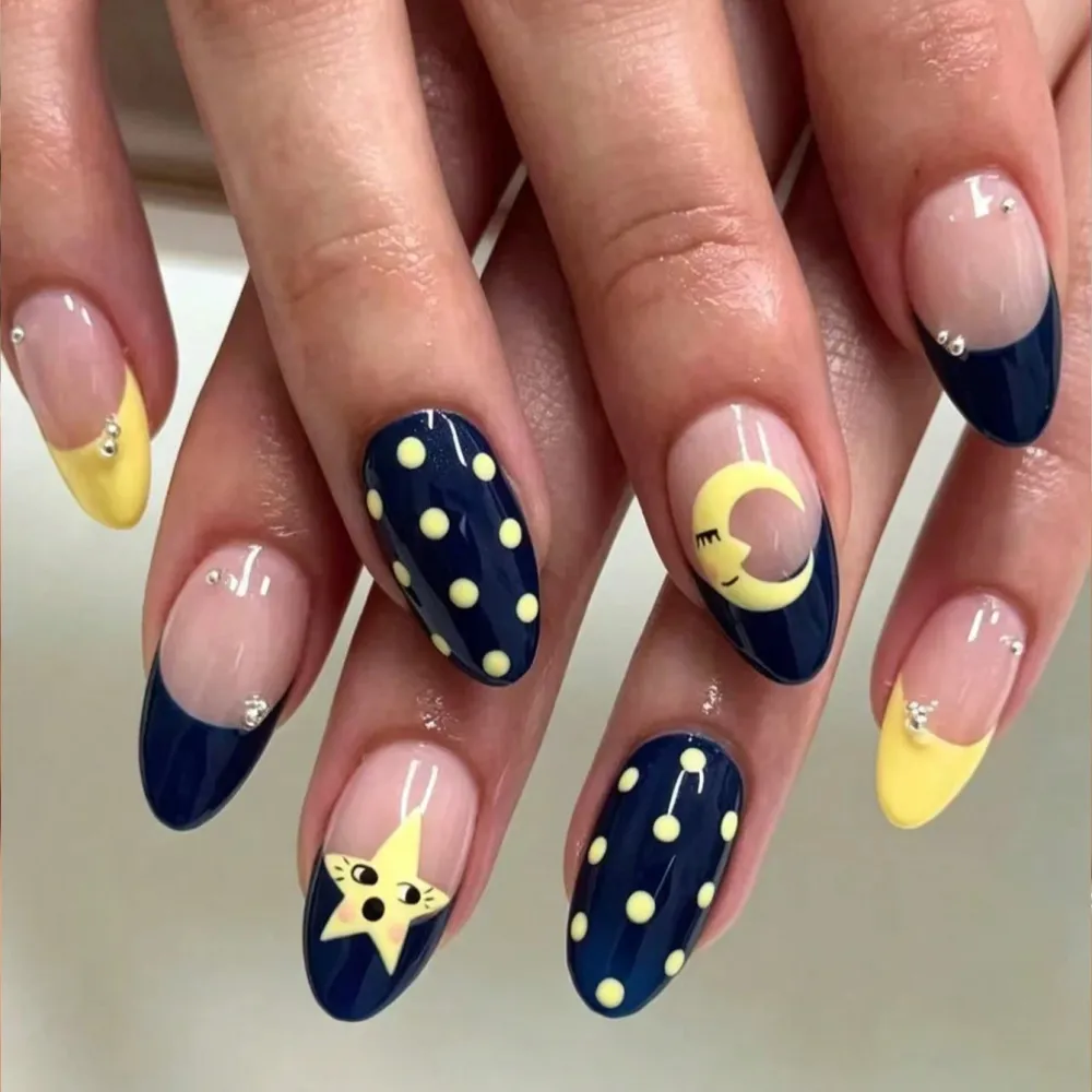 Nailhour 30Pcs Short Almond French Cute Polka Dot, Star, Moon Press On Nails