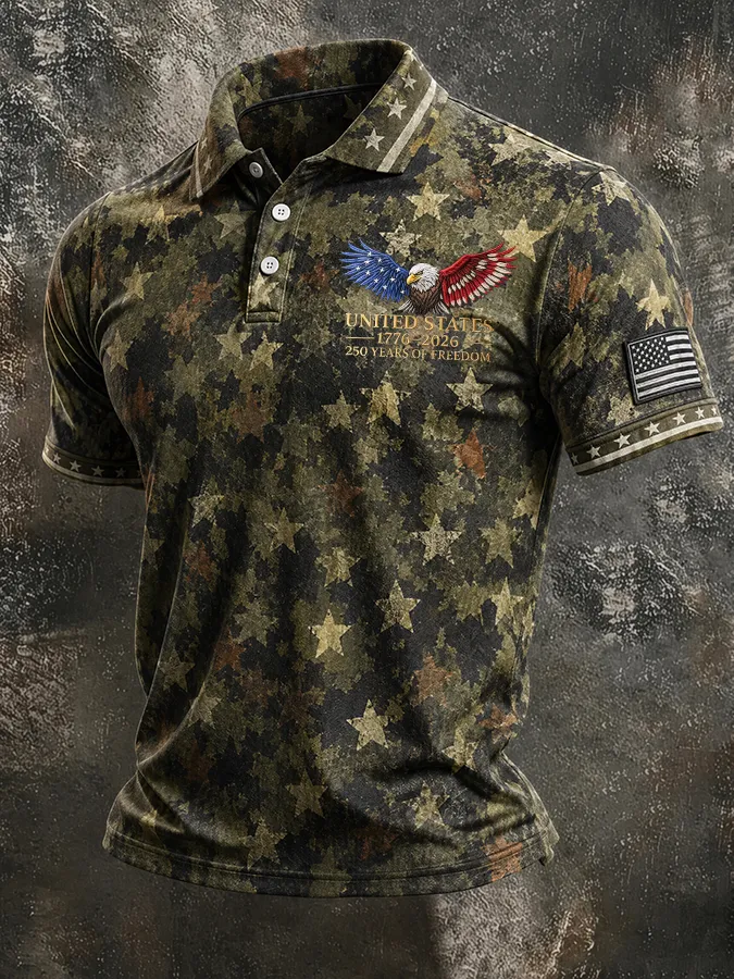 Men'S American Flag Print Casual Polo Shirt
