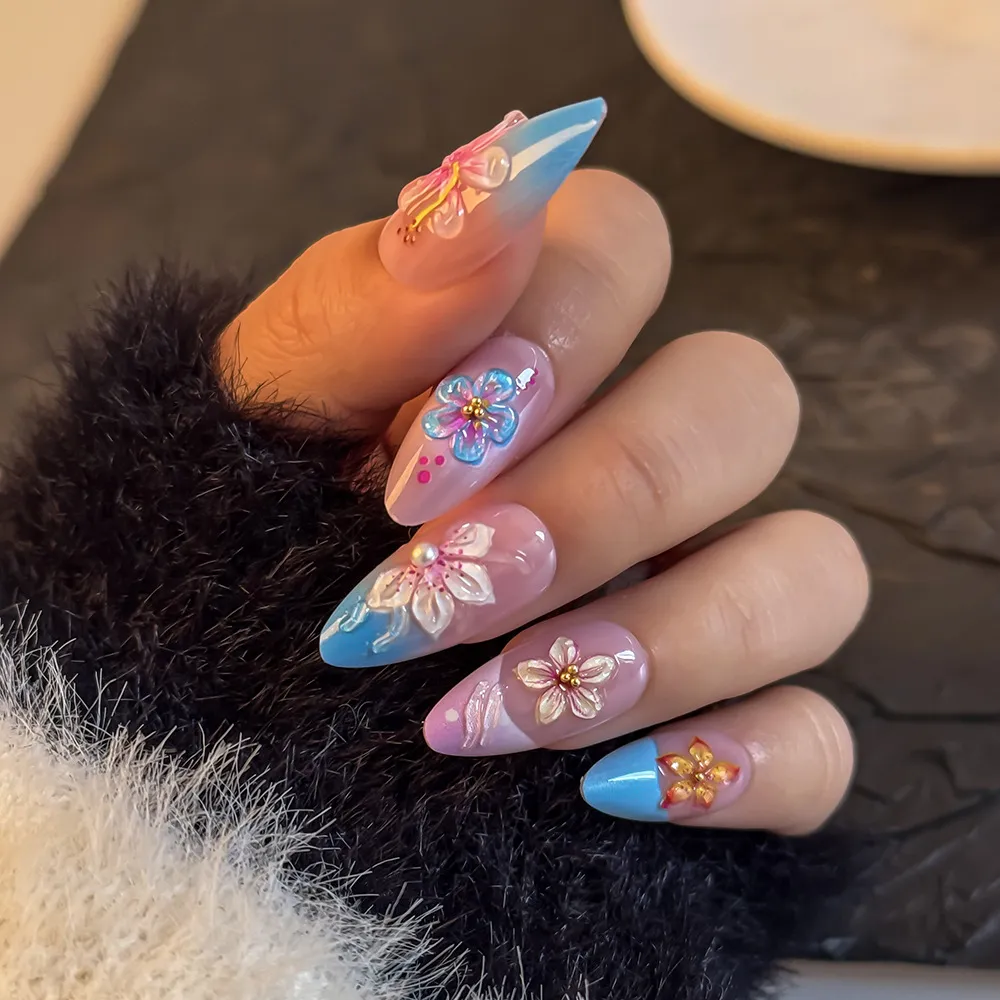Nailhour Summer 3D Pink Blue Floral 24Pcs French Press On Nails