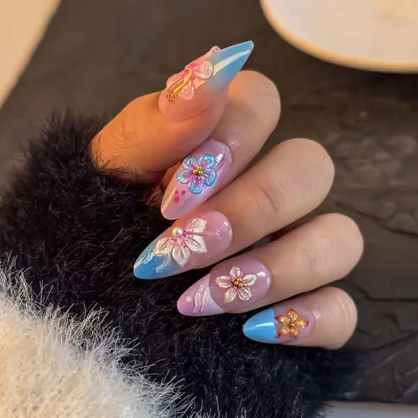 Nailhour Summer 3D Pink Blue Floral 24Pcs French Press On Nails