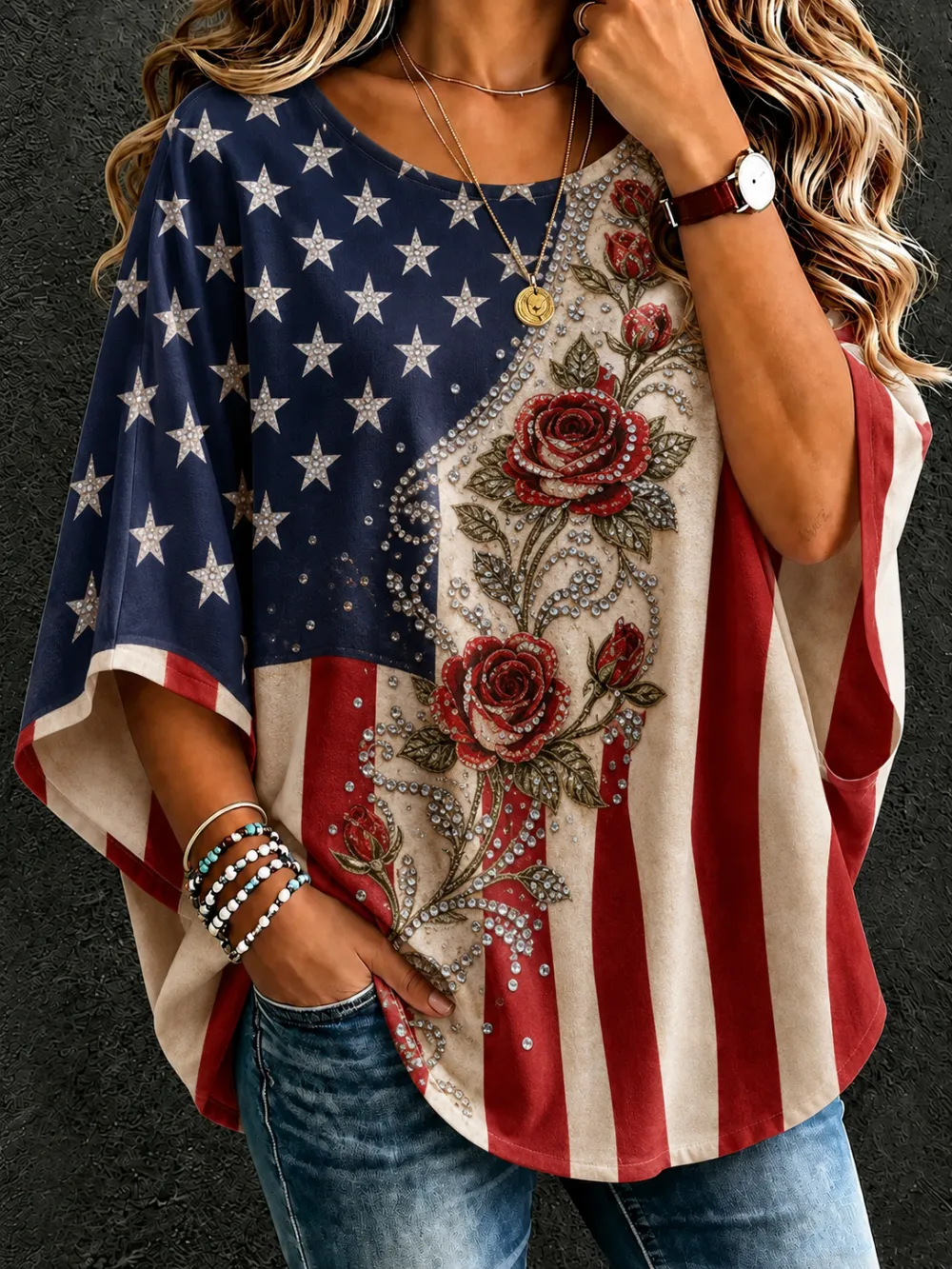 Women's American Flag Floral Vintage Loose T-Shirt