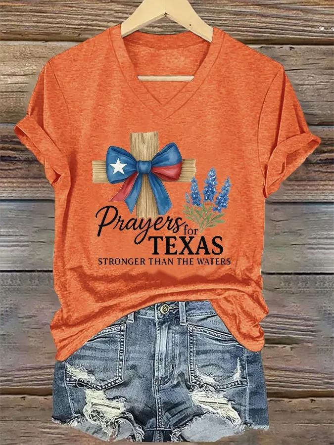 V-Neck Retro Prayers For Texas Print T-Shirt