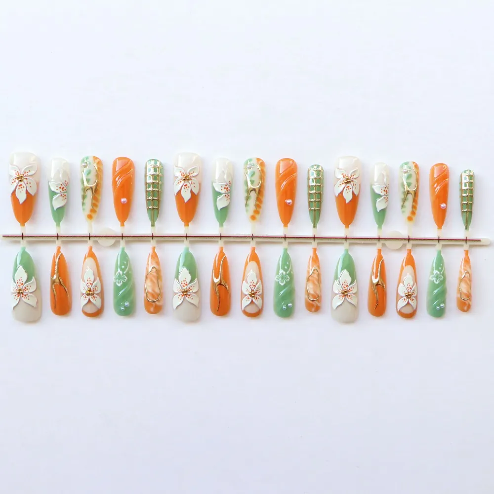 Nailhour 30Pcs Autumn 3D Floral Long Almond Press On Nails