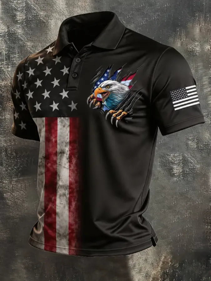 Men'S American Flag Print Casual Polo Shirt