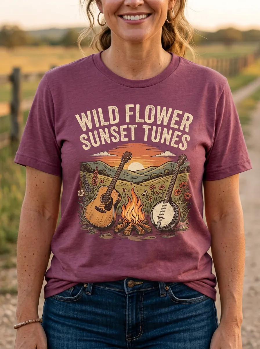 Guitar Banjo Sunset Women's Country Music Crew-Neck T-Shirt