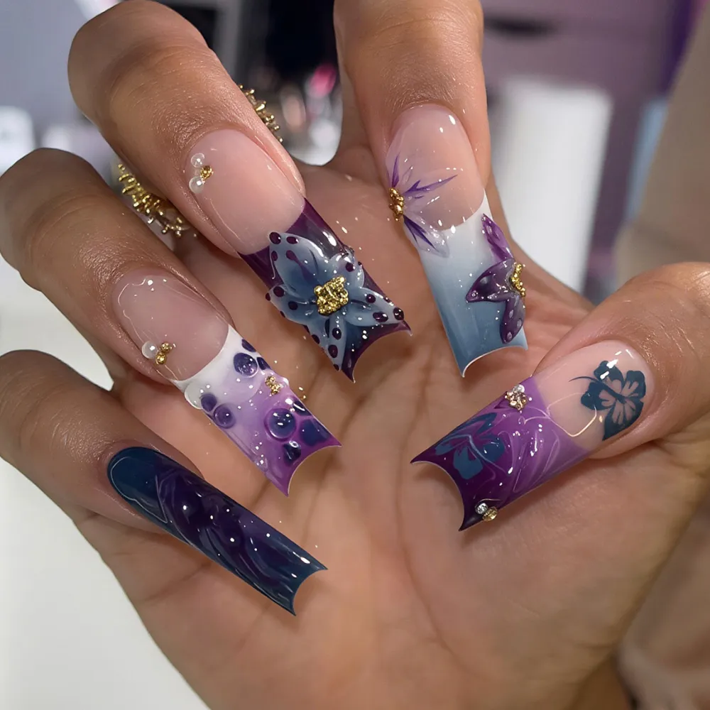 Nailhour 24Pcs 3D Purple Floral Extra Long Square Press On Nails