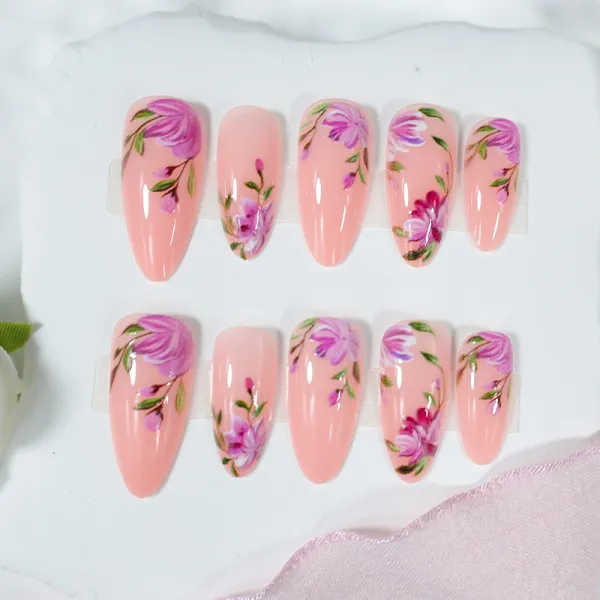 Nailhour 24Pcs Nude Floral Vintage Medium Almond Press On Nails