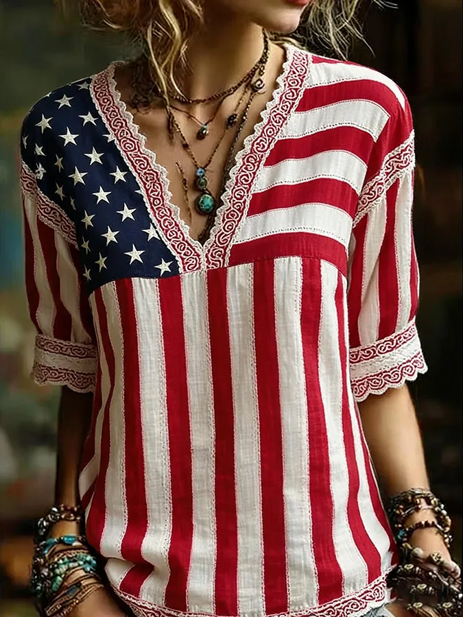 Women's Flag Print Cotton Linen Shirt