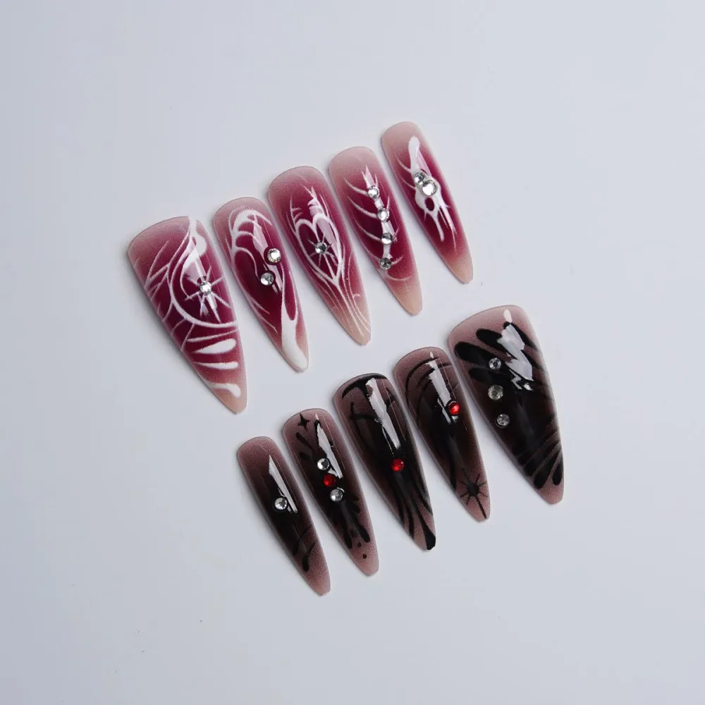 Nailhour 24Pcs Dark Gothic 3D Medium Almond Press On Nails