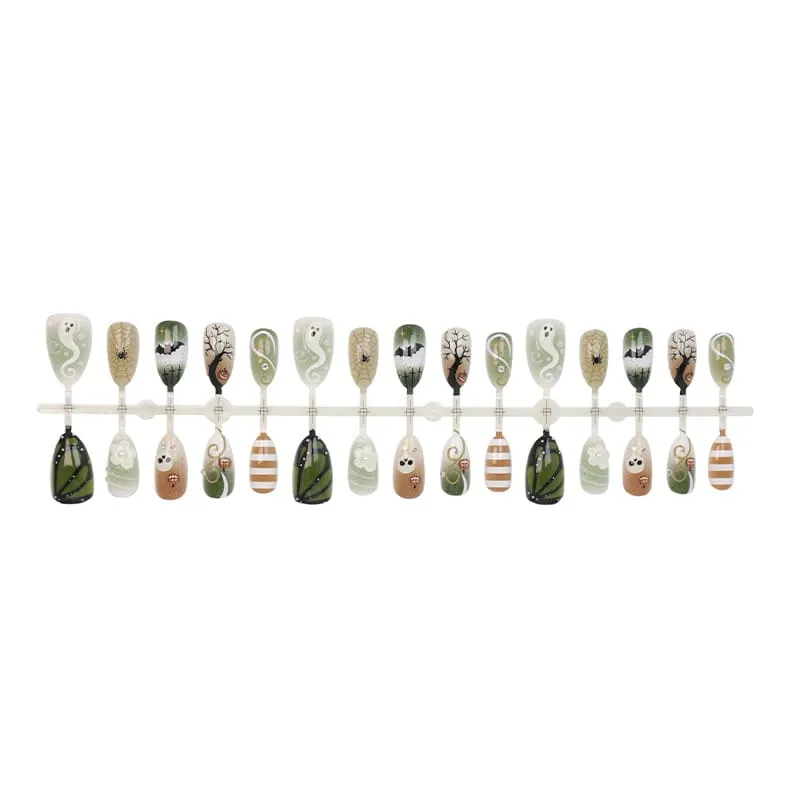 Nailhour 30Pcs 3D Halloween Green Ghost Medium Almond Press On Nails