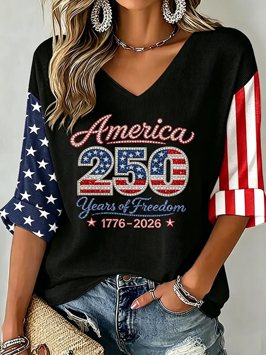 Women's USA 250 Years One Nation Under God Print V Neck Top